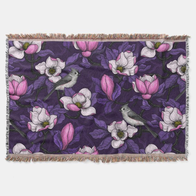 Blooming magnolia and titmouse bird 4 throw blanket (Front)