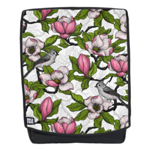 Blooming magnolia and titmouse bird backpack
