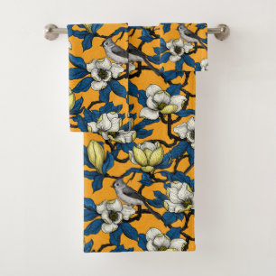 Blooming magnolia and titmouse bird bath towel set