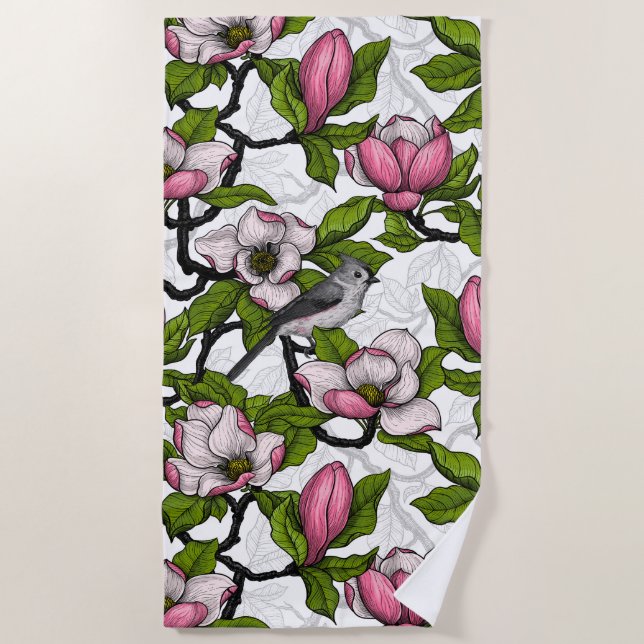Blooming magnolia and titmouse bird beach towel (Front)
