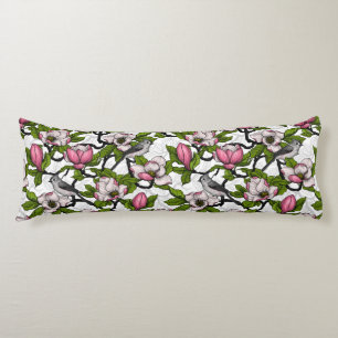 Blooming magnolia and titmouse bird body cushion