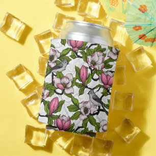 Blooming magnolia and titmouse bird can cooler