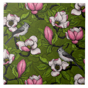 Blooming magnolia and titmouse bird ceramic tile