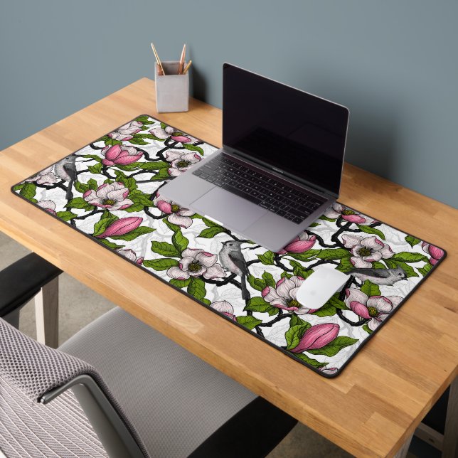 Blooming magnolia and titmouse bird desk mat (Office 2)