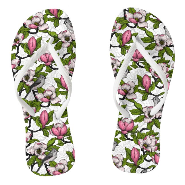 Blooming magnolia and titmouse bird flip flops (Footbed)