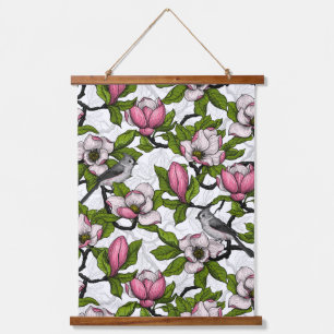 Blooming magnolia and titmouse bird hanging tapestry