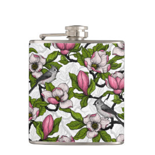 Blooming magnolia and titmouse bird hip flask