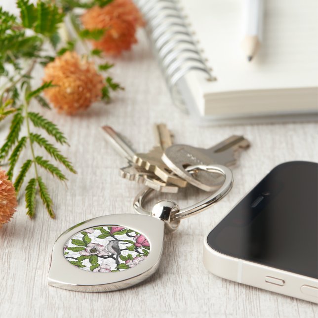 Blooming magnolia and titmouse bird key ring (Side)