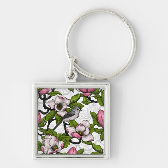 Blooming magnolia and titmouse bird key ring (Front)