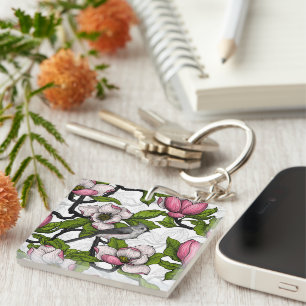 Blooming magnolia and titmouse bird key ring