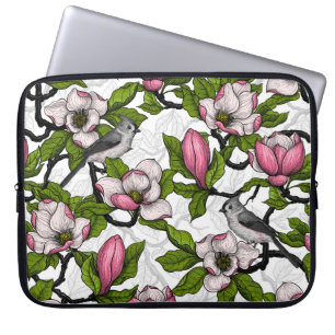 Blooming magnolia and titmouse bird laptop sleeve