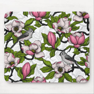 Blooming magnolia and titmouse bird mouse mat