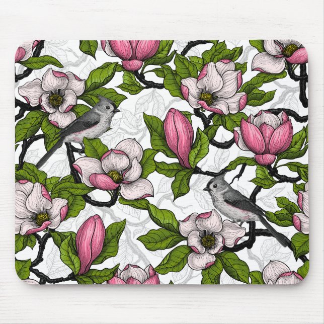Blooming magnolia and titmouse bird mouse mat (Front)