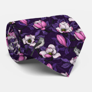 Blooming magnolia and titmouse bird neck tie