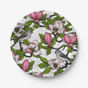 Blooming magnolia and titmouse bird paper plate