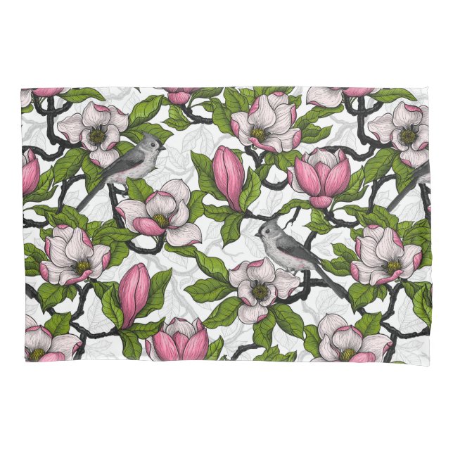 Blooming magnolia and titmouse bird pillowcase (Front-Left)