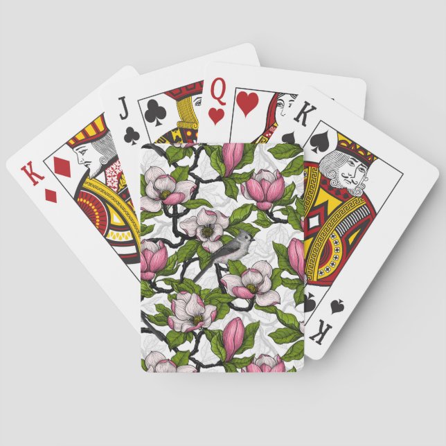 Blooming magnolia and titmouse bird playing cards (Back)