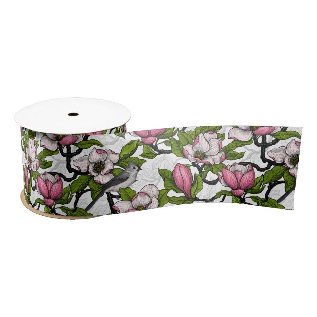 Blooming magnolia and titmouse bird satin ribbon (Spool)