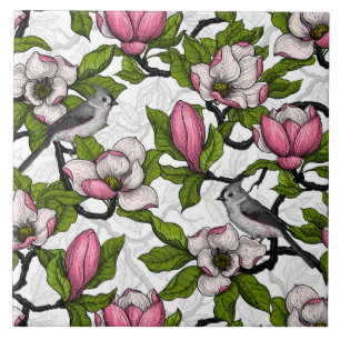 Blooming magnolia and titmouse bird tile