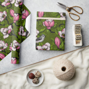 Blooming magnolia and titmouse bird wrapping paper