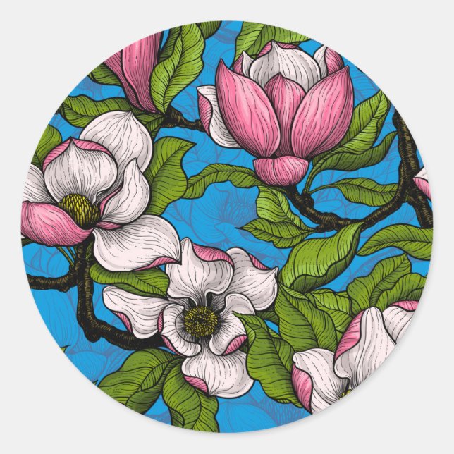 Blooming magnolia on blue classic round sticker (Front)