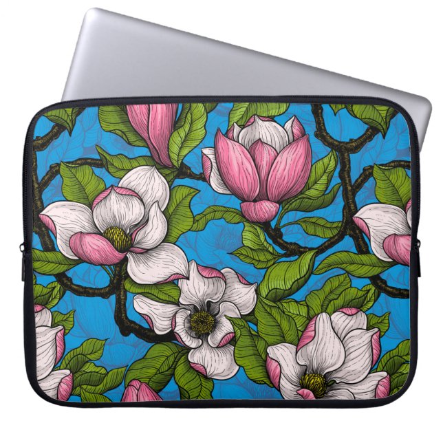 Blooming magnolia on blue laptop sleeve (Front)