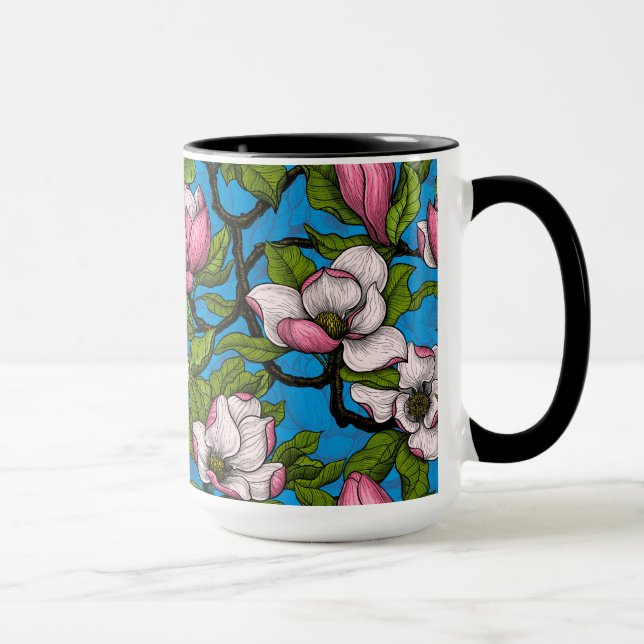 Blooming magnolia on blue mug (Right)