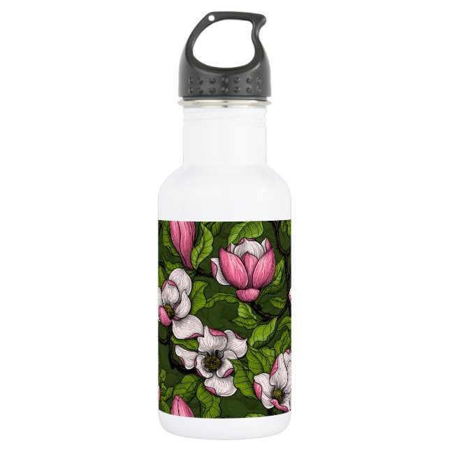 Blooming magnolia on dark green 532 ml water bottle (Front)
