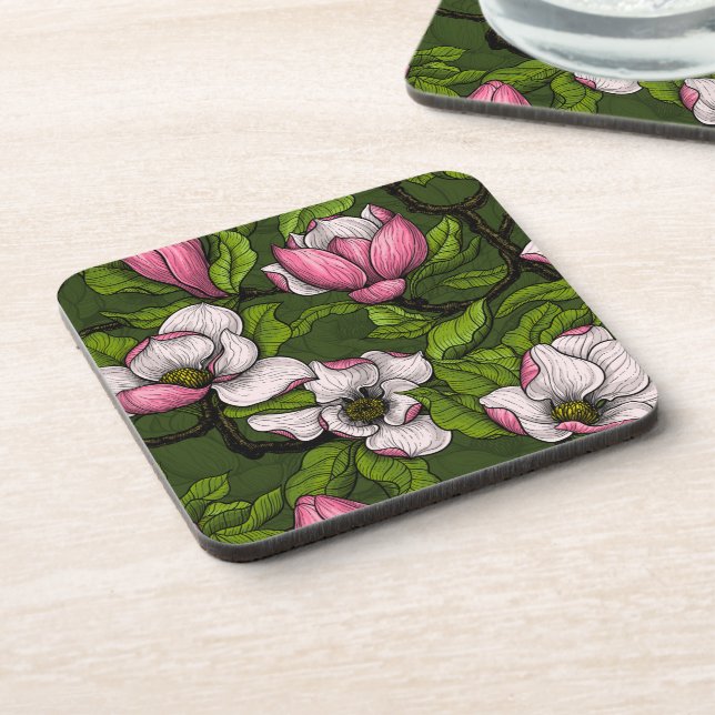 Blooming magnolia on dark green coaster (Left Side)