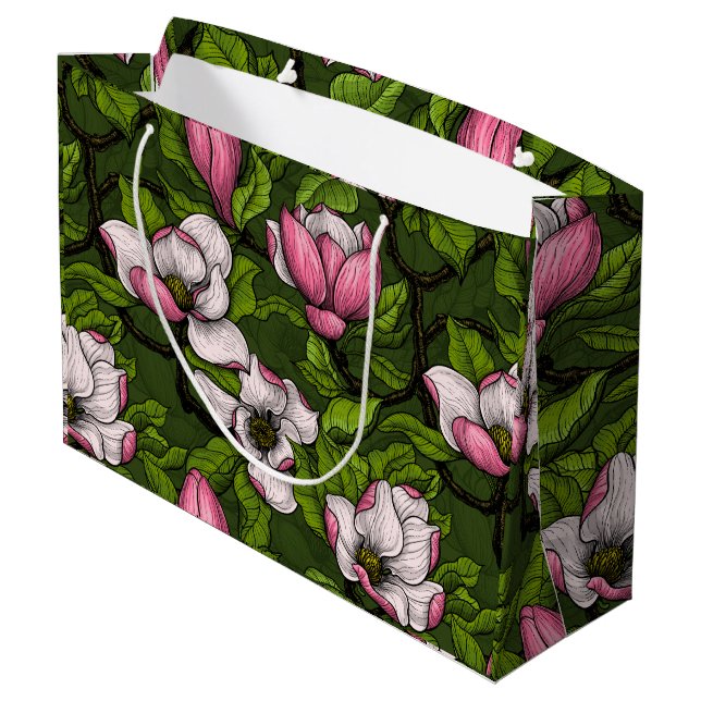 Blooming magnolia on dark green large gift bag (Back Angled)