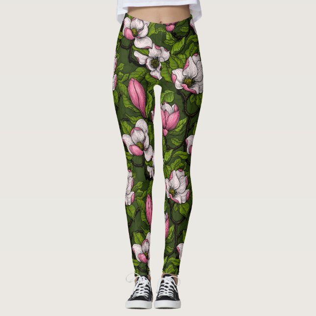 Blooming magnolia on dark green leggings (Front)