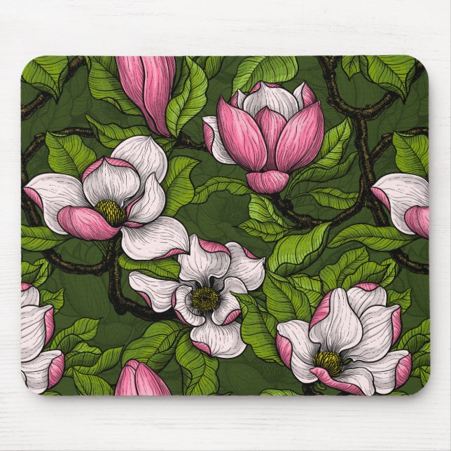 Blooming magnolia on dark green mouse mat (Front)