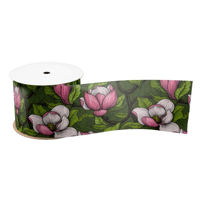 Blooming magnolia on dark green satin ribbon (Spool)