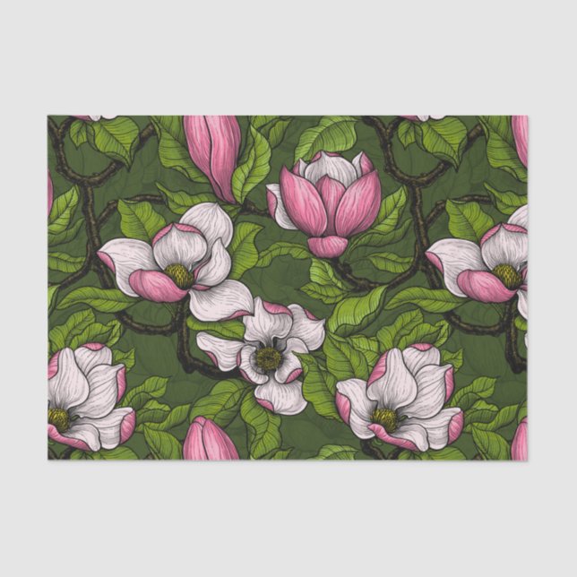 Blooming magnolia on dark green tissue paper (Front)