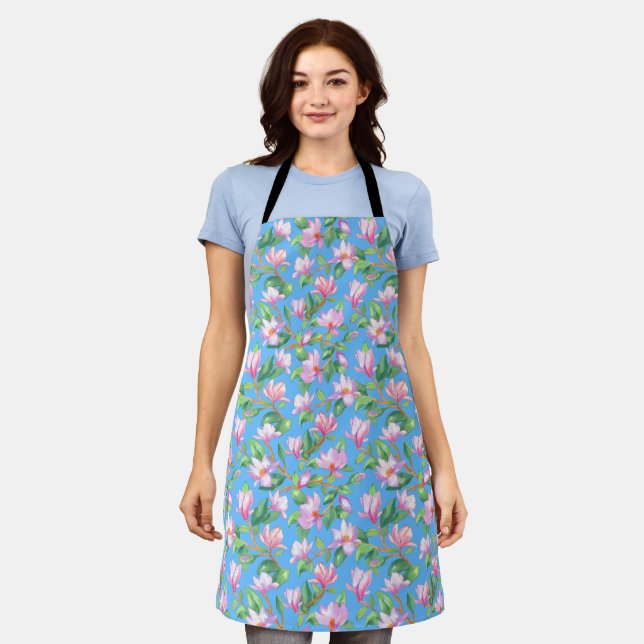 Blooming magnolia on sky blue apron (Worn)