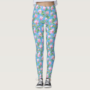 Blooming magnolia on sky blue leggings