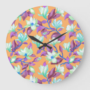 Blooming magnolia on vanilla sky large clock