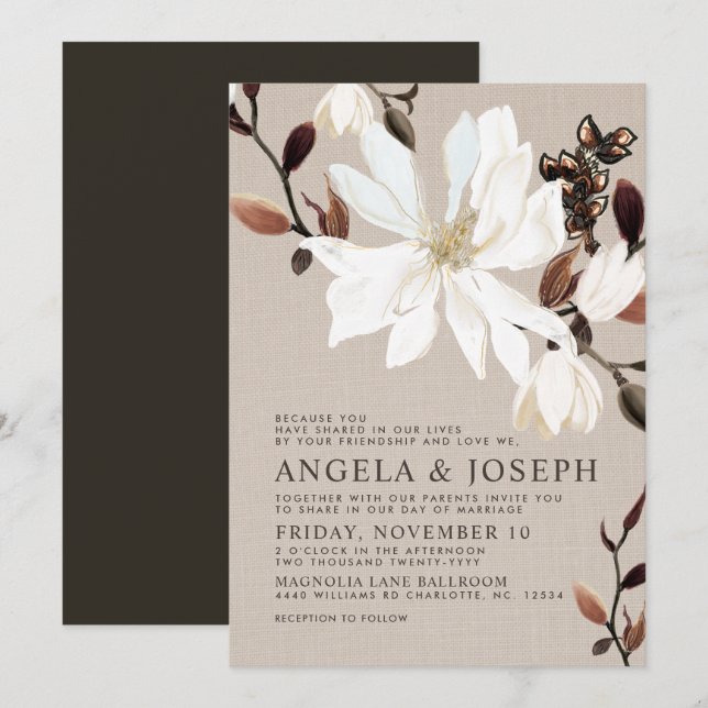 Blooming Magnolias Burlap | Brown Wedding Invitation (Front/Back)