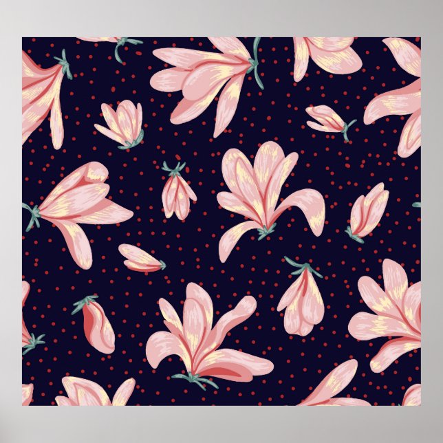 Blooming magnolias, hand-drawn vintage pattern. poster (Front)