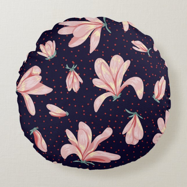 Blooming magnolias, hand-drawn vintage pattern. round cushion (Front)