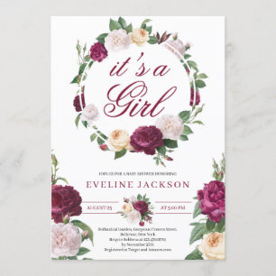 Blooming maroon and cream roses girl baby shower invitation