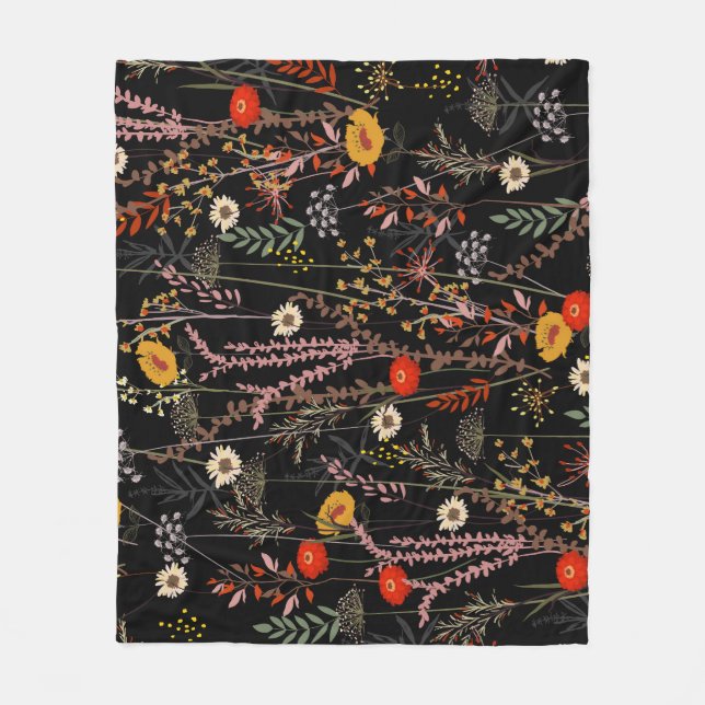 Blooming Meadow Flowers Hand Drawn Fleece Blanket (Front)
