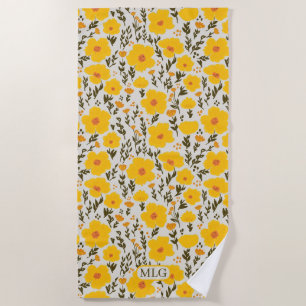 Blooming meadow yellow flowers pattern & Monogram  Beach Towel