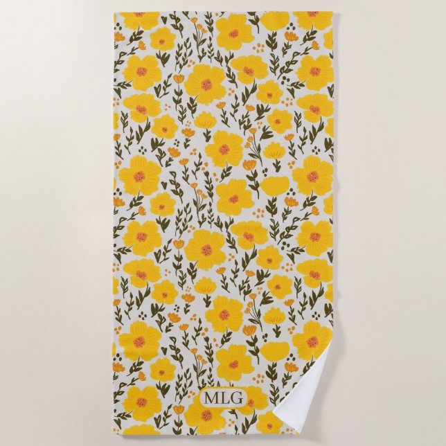 Blooming meadow yellow flowers pattern & Monogram  Beach Towel (Front)