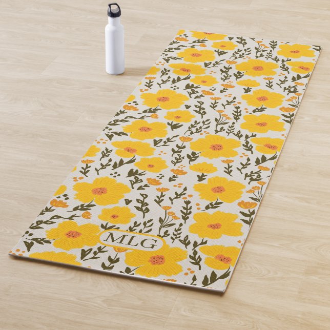 Blooming meadow yellow flowers pattern & Monogram  Yoga Mat (In Situ)