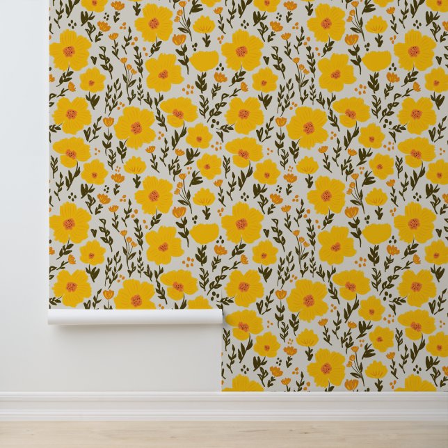 Blooming meadow yellow flowers pattern wallpaper (Application)