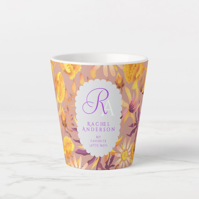 Blooming Mystical Floral Monogram Brown Latte Mug (Front)