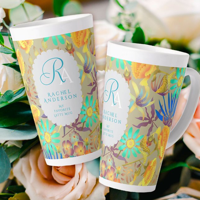 Blooming Mystical Floral Monogram Grey Latte Mug (Blooming Mystical Floral Monogram Grey Latte Mug. )