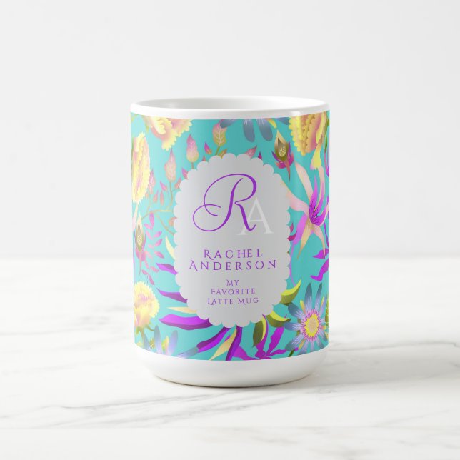 Blooming Mystical Floral Monogram Teal  Coffee Mug (Center)