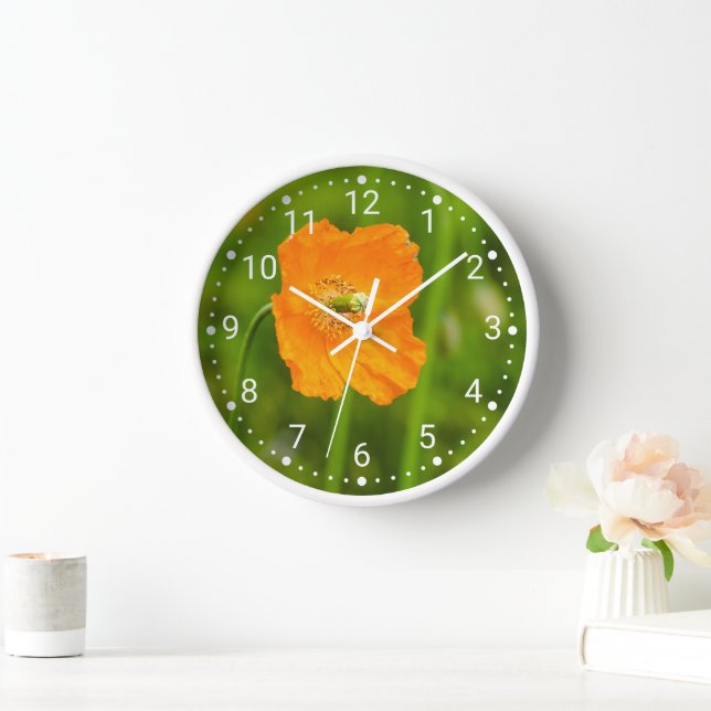 Blooming Orange Poppy Flower Photo On Green Clock (Home)